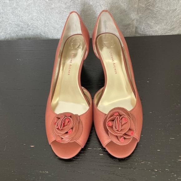 Etienne Aigner Coral Peep Toe Wedge Heels with Floral Accent | 8 - Picture 3 of 12
